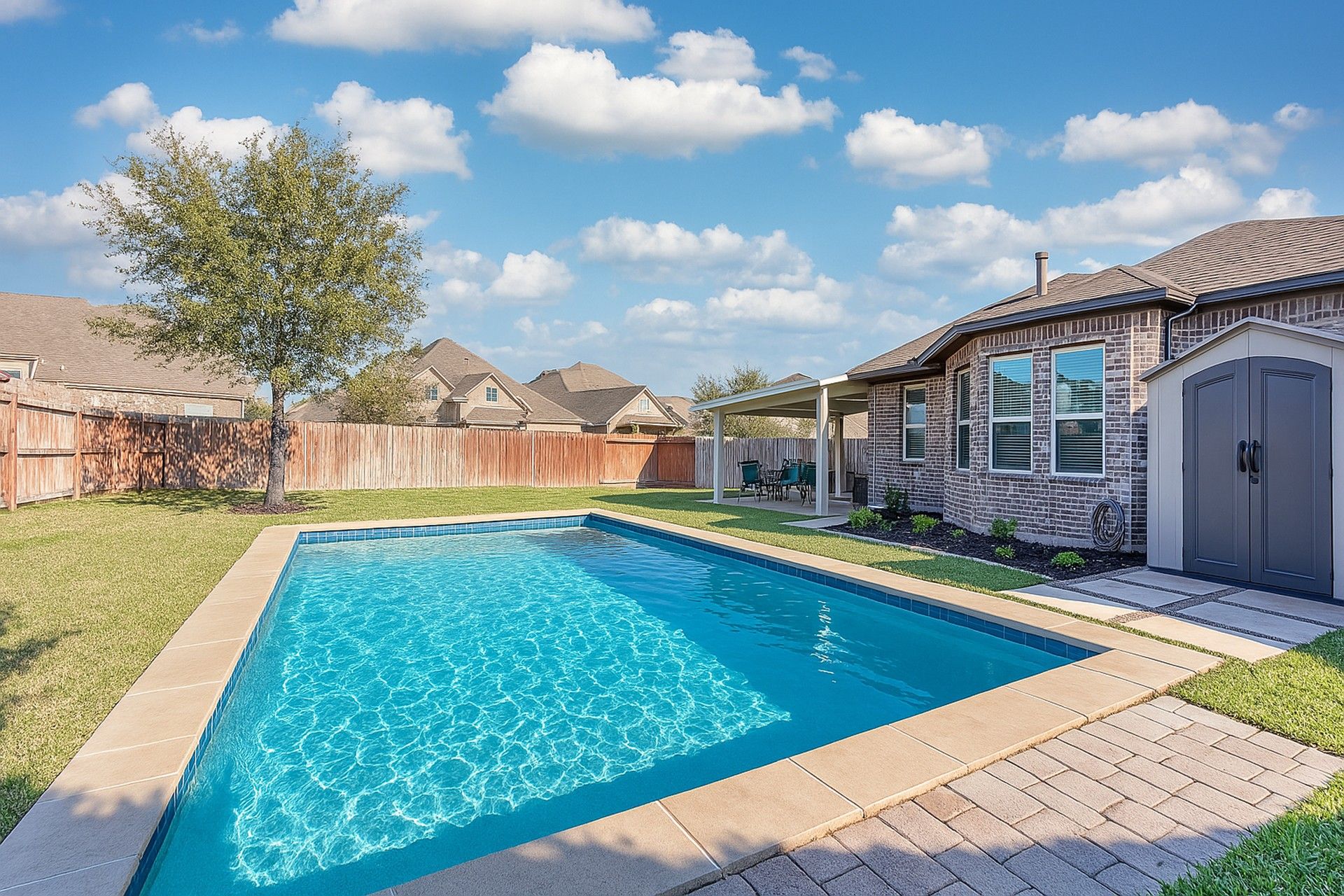 Backyard swimming pool under a blue sky